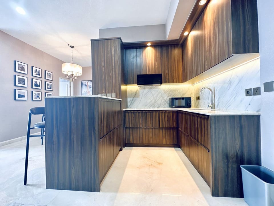 Kitchen or kitchenette, microwave