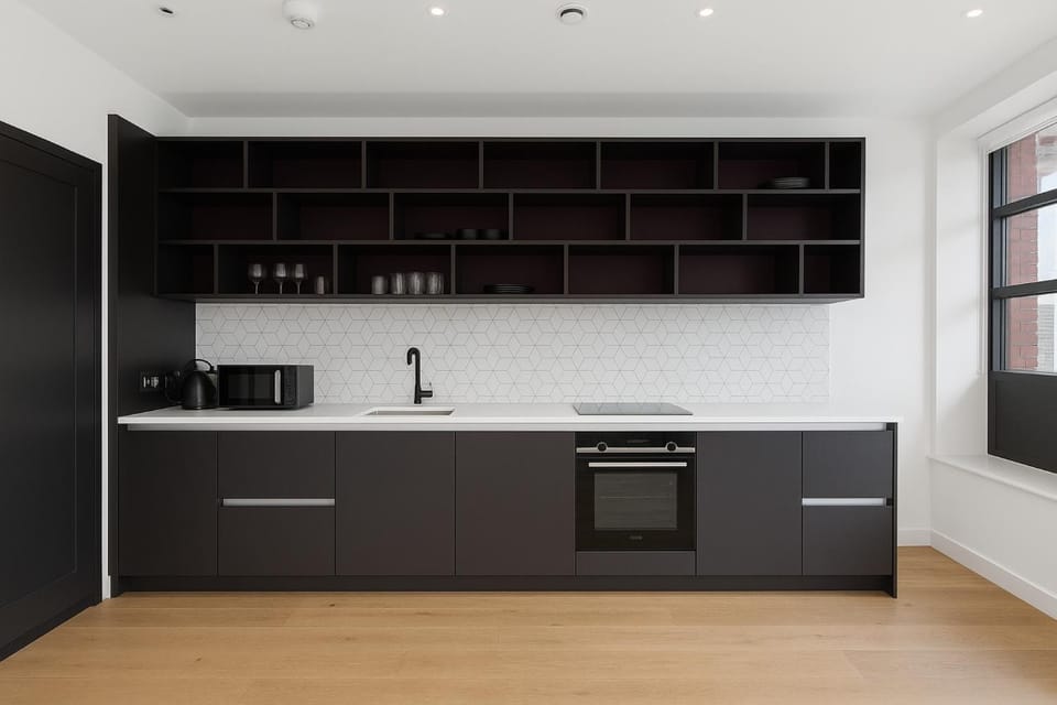 Kitchen or kitchenette, stove
