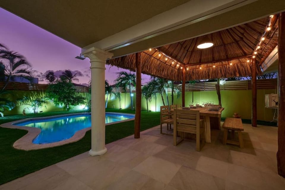 Night, Natural landscape, Garden, Garden view, Pool view, Swimming pool, sunbed