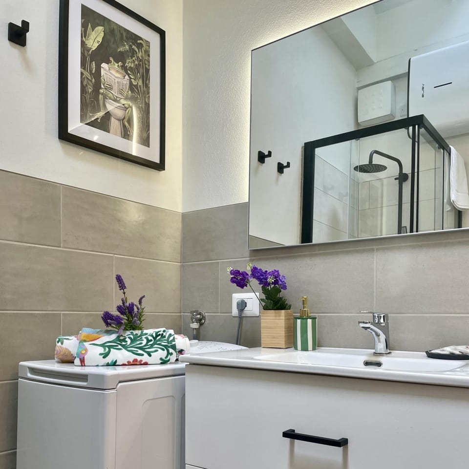 Shower, Toilet, Bathroom, hair dryier, towels, washing machine
