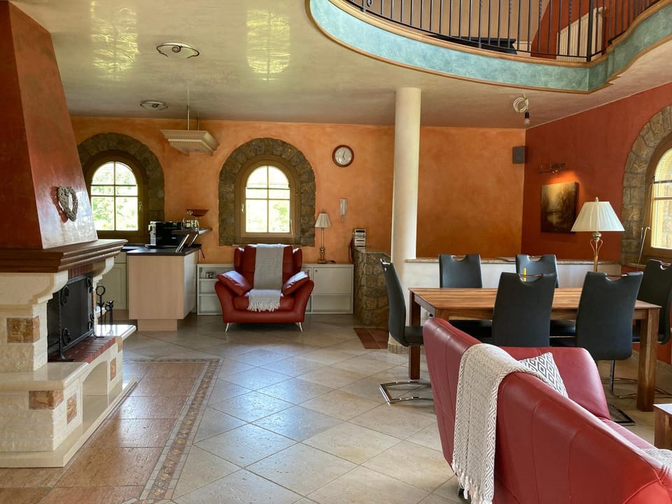 Living room, Dining area, fireplace, kitchen