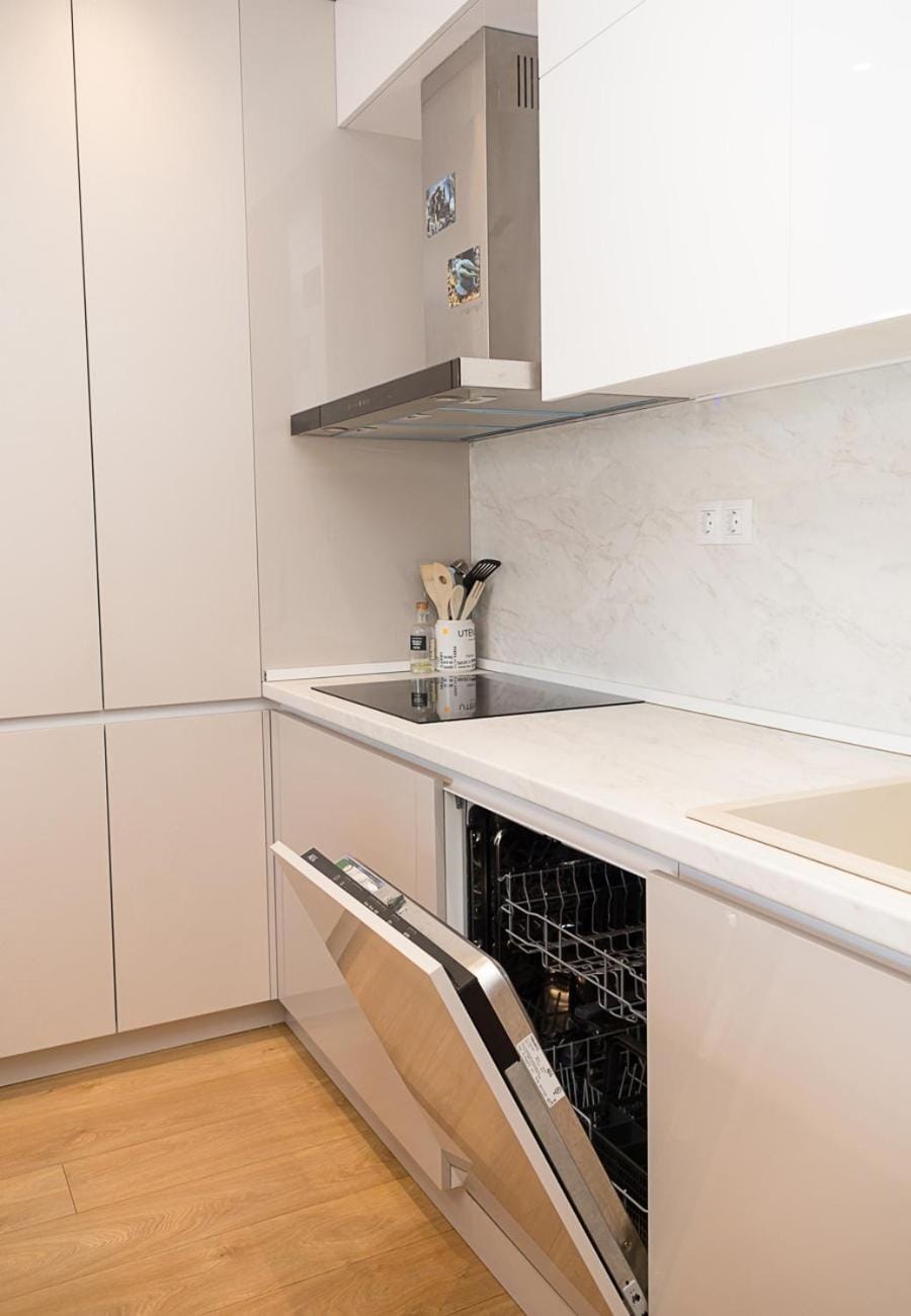 Kitchen or kitchenette, dishwasher, oven, stove