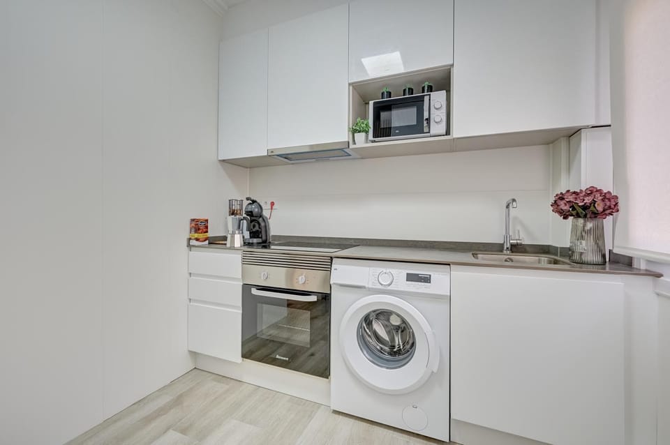 Kitchen or kitchenette, oven, stove, washing machine