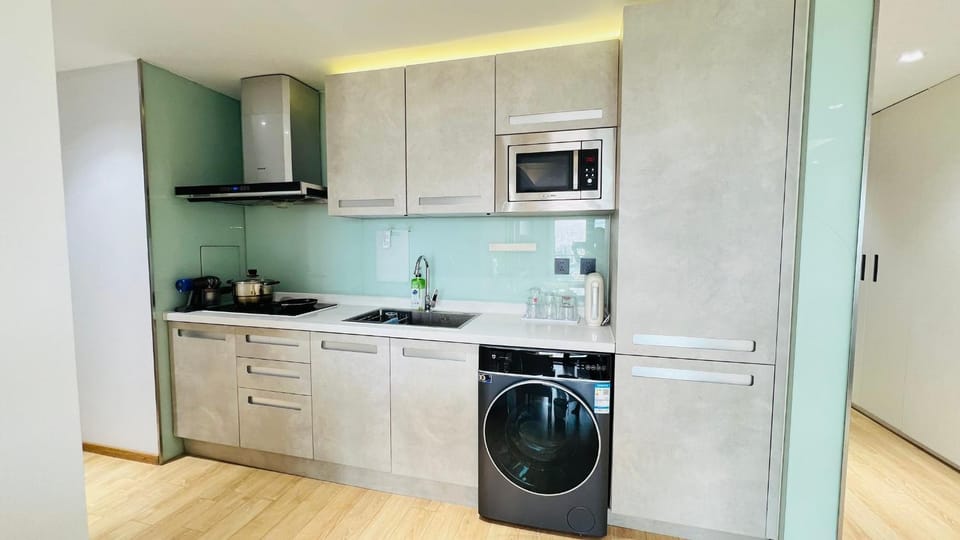 Kitchen or kitchenette, stove, washing machine, dryer
