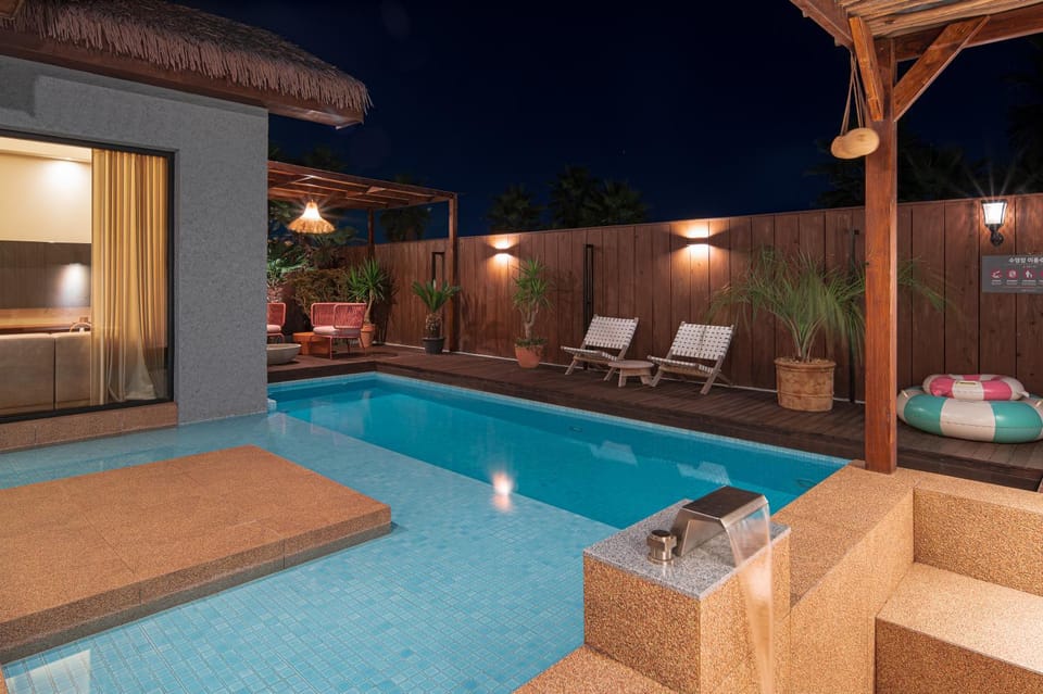 Patio, Night, Pool view, Swimming pool