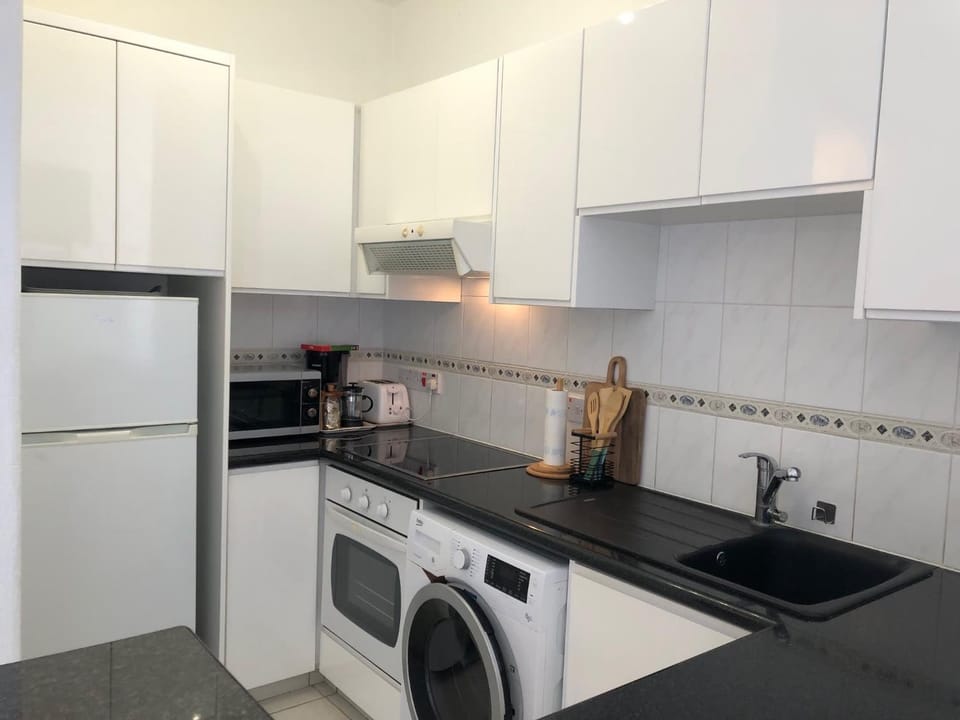Kitchen or kitchenette, oven, stove, toaster, washing machine
