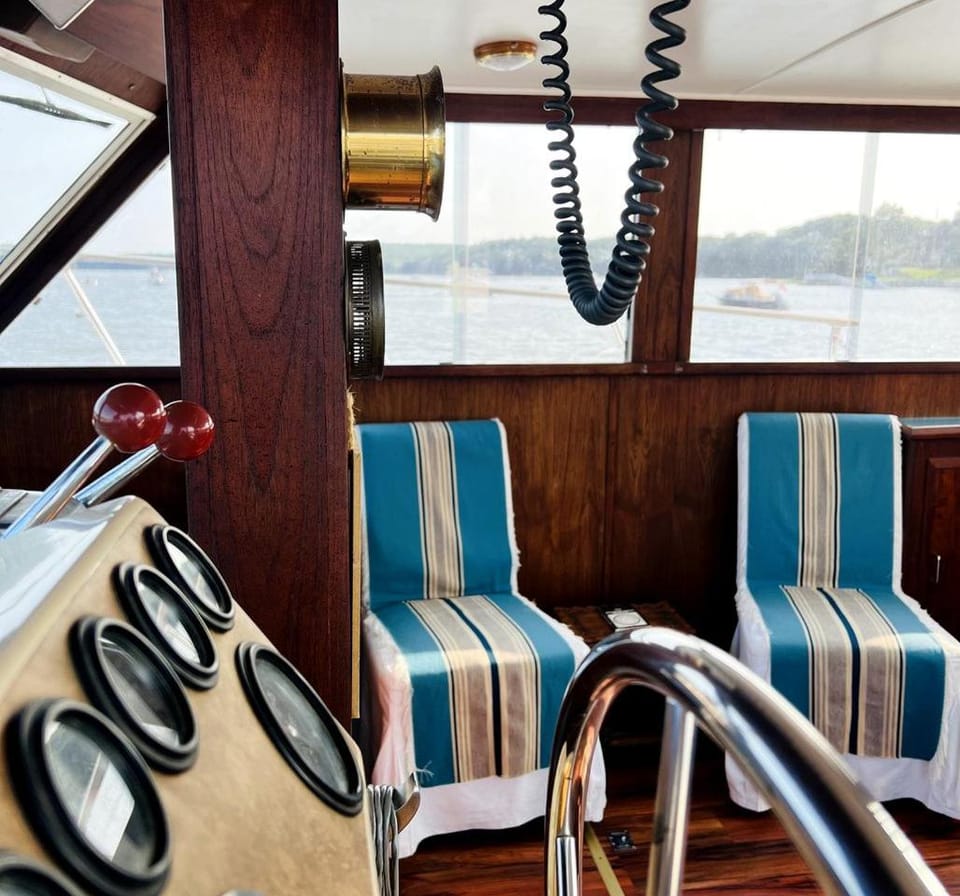 Unique Yacht Rental in a Peaceful Setting on Damariscotta River, Maine Docked boat in Damariscotta
