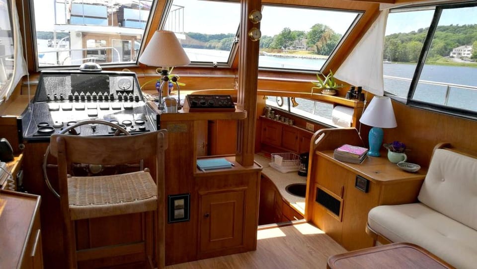 Experience the Magic of Sleeping Your Own Private Yacht in Damariscotta, Maine Docked boat in Damariscotta