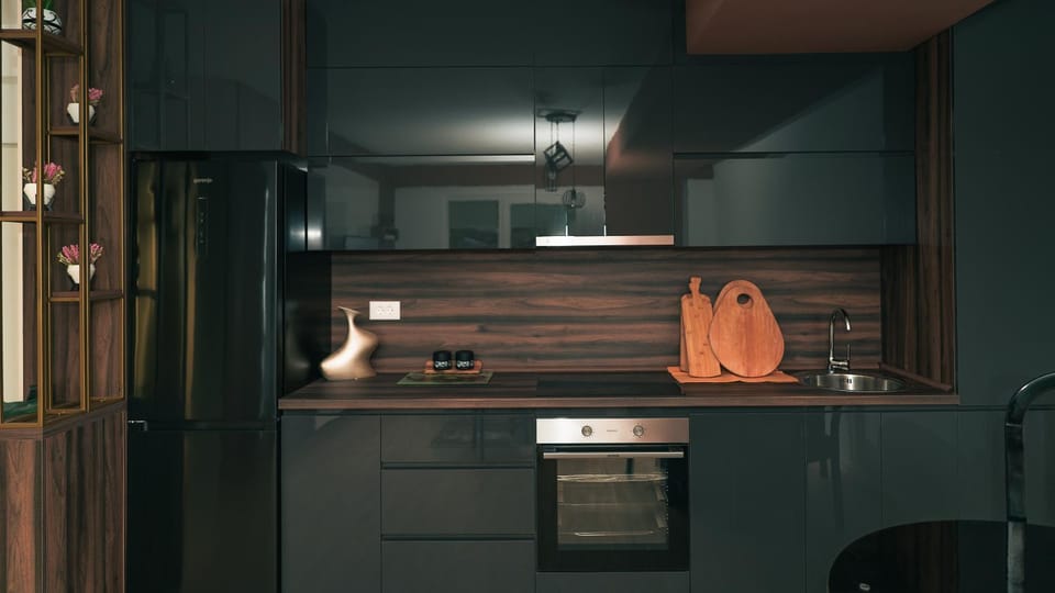 Kitchen or kitchenette, stove