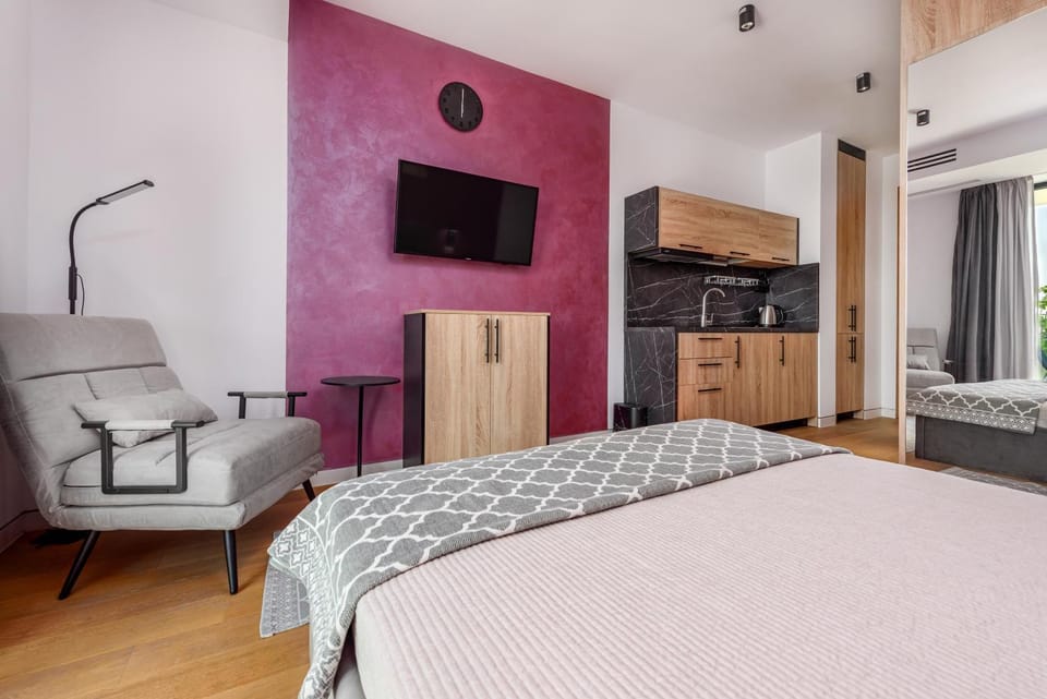 Bed, TV and multimedia, Kitchen or kitchenette, Photo of the whole room, Bedroom, wardrobe