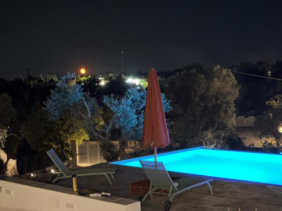 Patio, Night, Natural landscape, Pool view, Swimming pool, sunbed