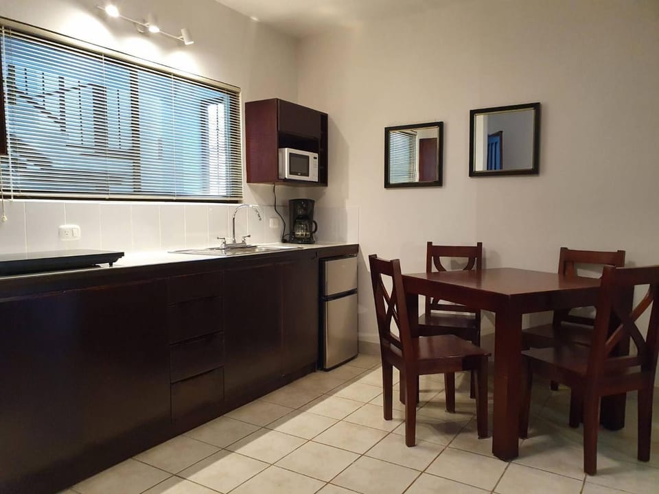 Dining area, microwave, oven, kitchen