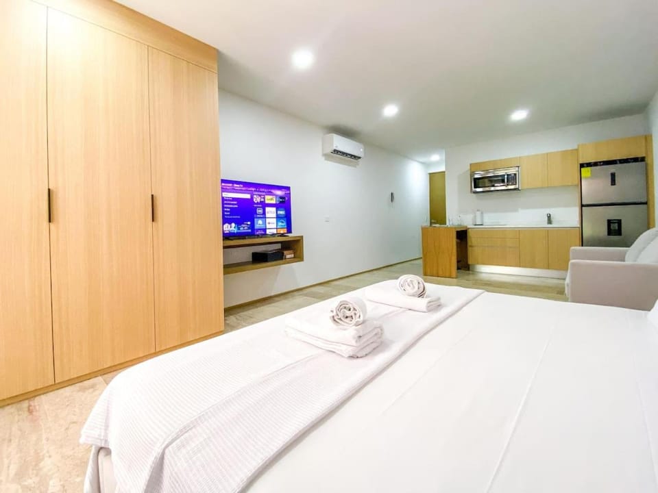 Bed, TV and multimedia, Kitchen or kitchenette, Photo of the whole room, Bedroom, towels, wardrobe, air conditioner