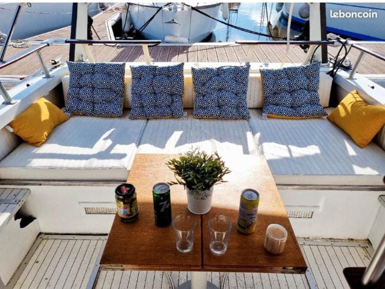 Unusual night on a small yacht Docked boat in Le Havre