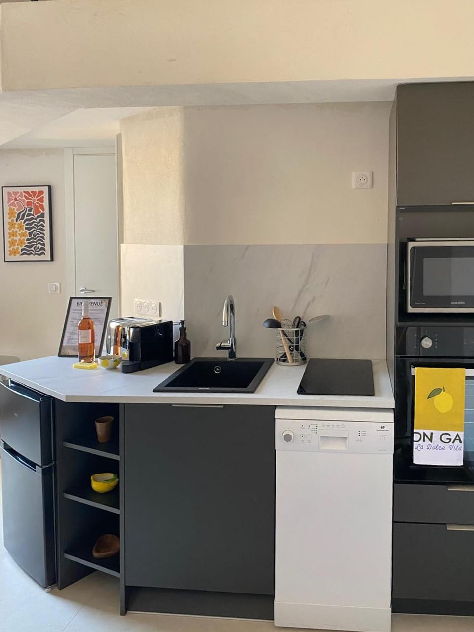Kitchen or kitchenette, dishwasher, stove, toaster