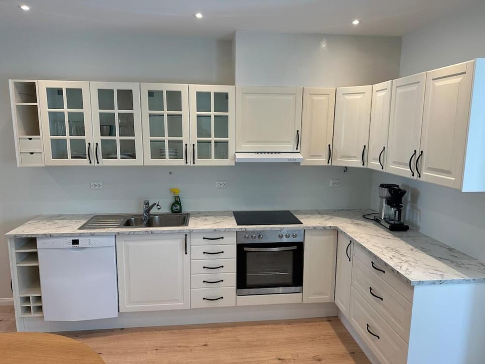Kitchen or kitchenette, dishwasher, stove