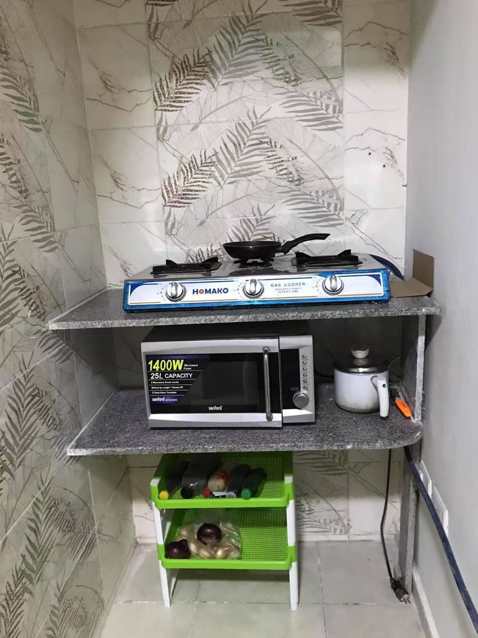 Kitchen or kitchenette, stove