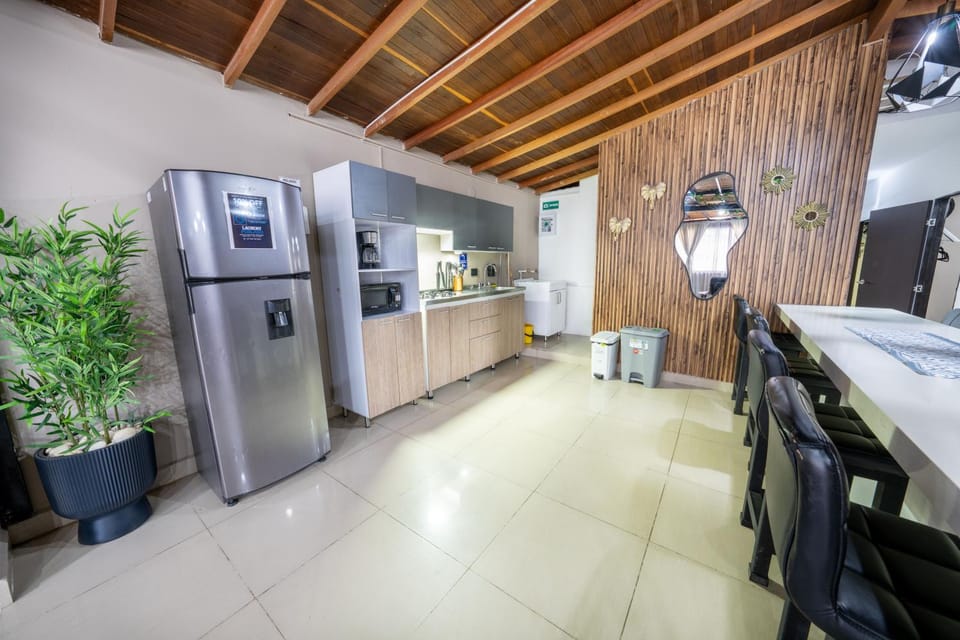 Seating area, microwave, kitchen