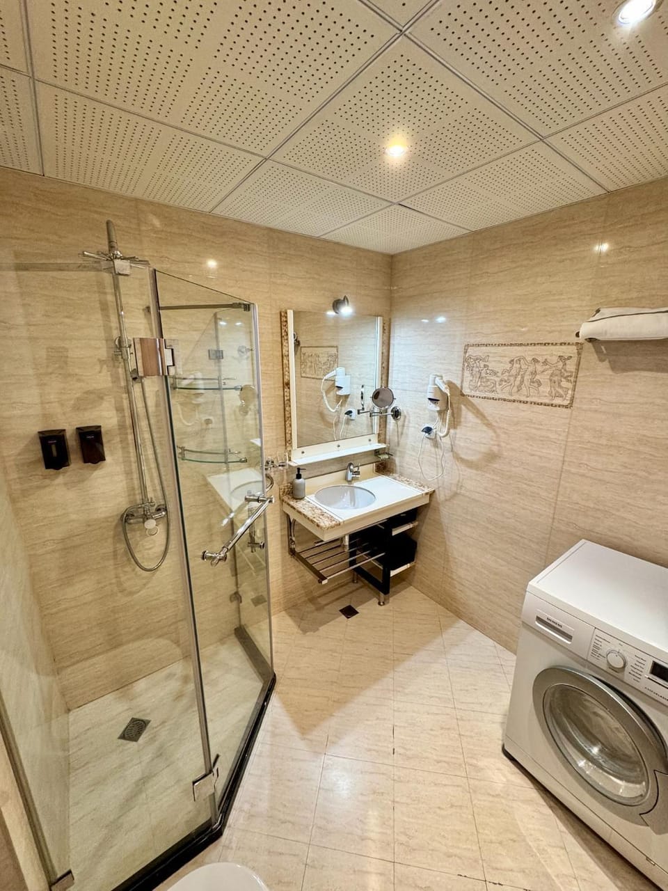 Shower, Bathroom, hair dryier, washing machine