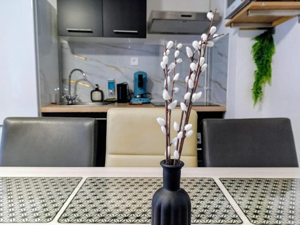 Coffee/tea facilities, Kitchen or kitchenette, Dining area, stove