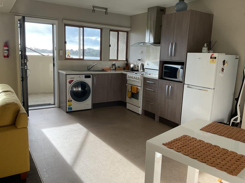 Kitchen or kitchenette, stove, toaster, washing machine