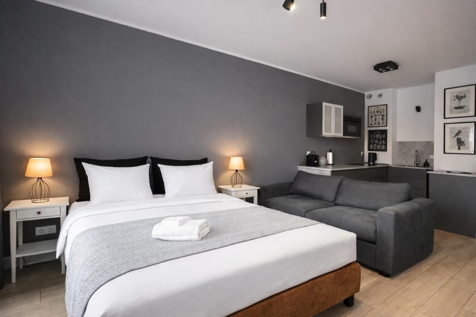 Bed, TV and multimedia, Kitchen or kitchenette, Photo of the whole room, Seating area