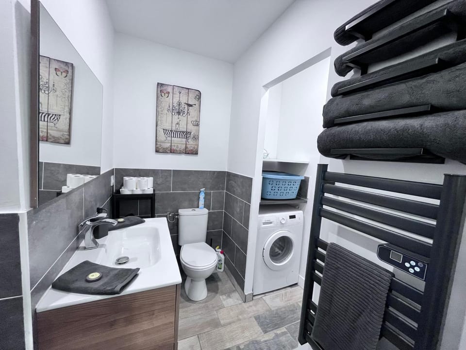 Bathroom, hair dryier, towels, washing machine