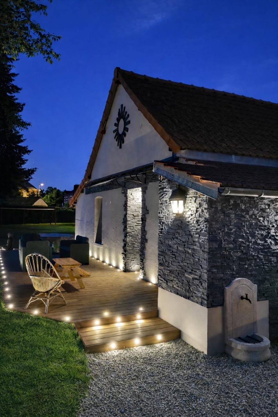 Property building, Patio, Night, Garden, Garden view