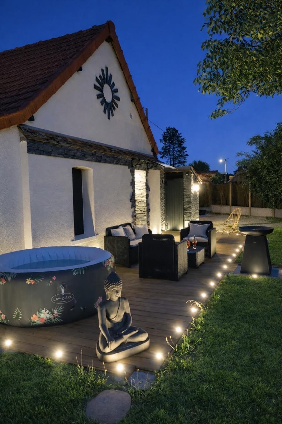 Property building, Patio, Night, Garden, Garden view