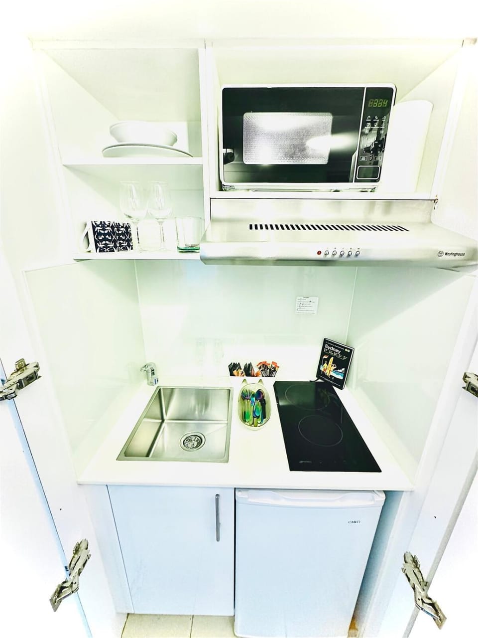 Kitchen or kitchenette, stove