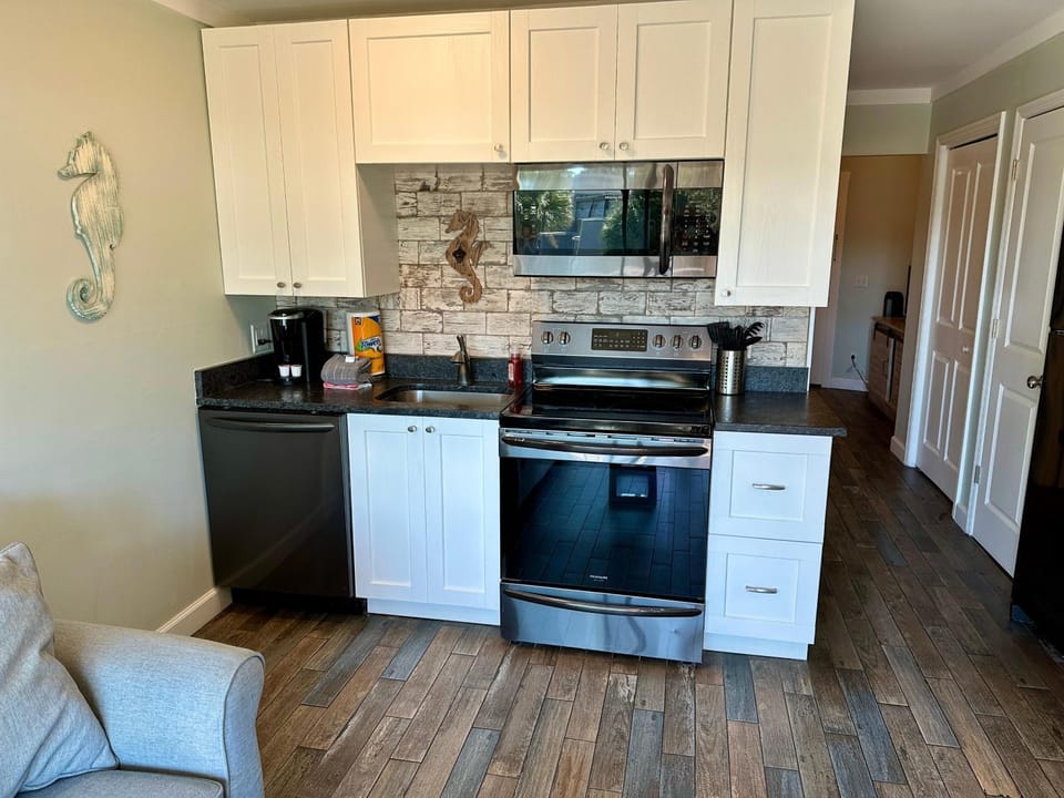 Kitchen or kitchenette, dishwasher, oven, stove
