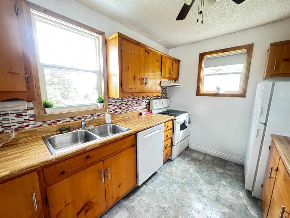 Kitchen or kitchenette, dishwasher, oven, stove