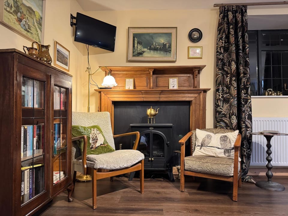 Library, TV and multimedia, Living room, Seating area, fireplace