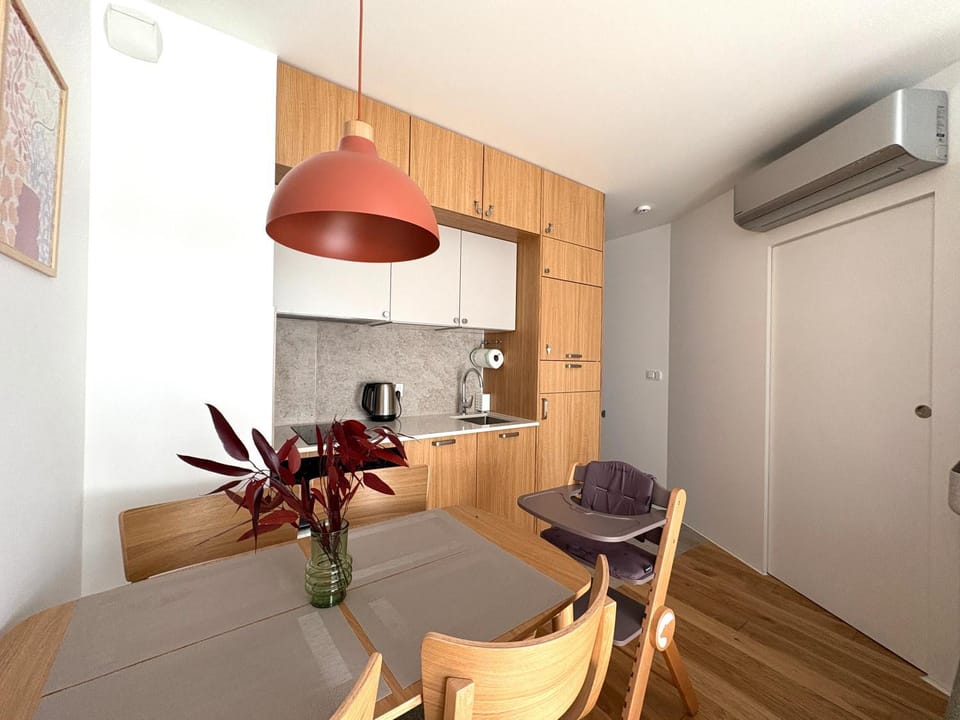 Kitchen or kitchenette, Living room, Dining area, oven, stove, air conditioner