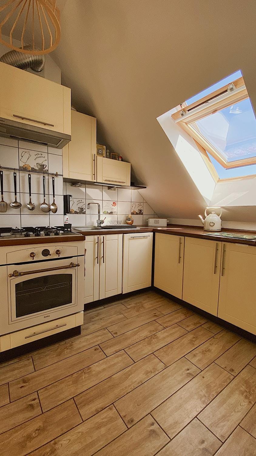 Kitchen or kitchenette, dishwasher, stove