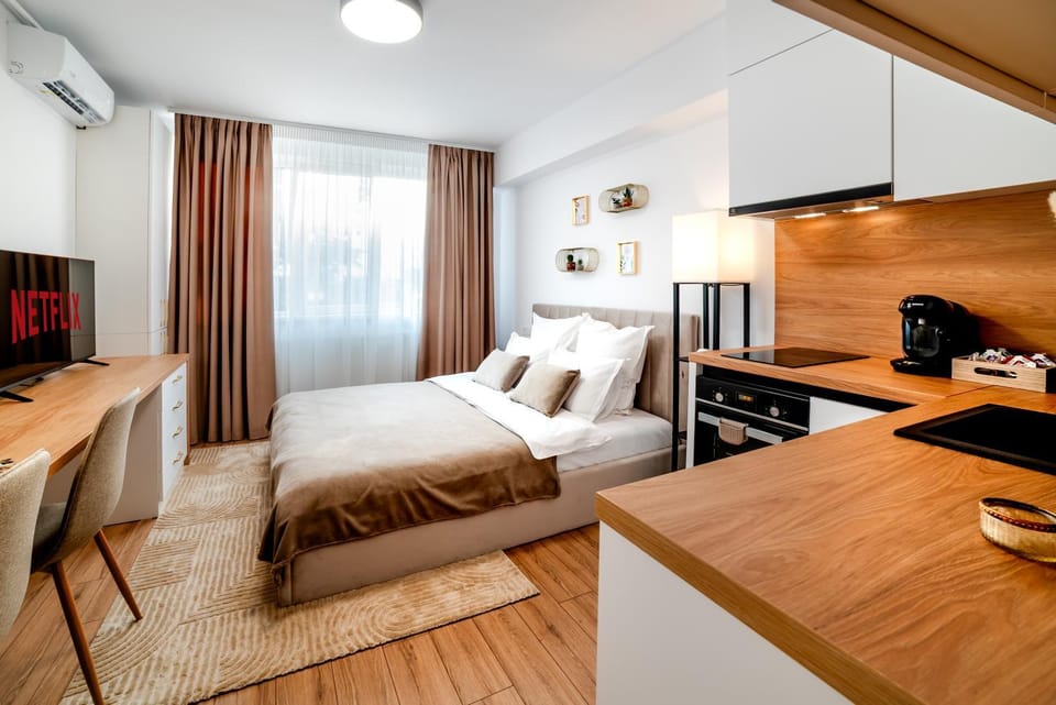 Bed, TV and multimedia, Kitchen or kitchenette, Photo of the whole room, Seating area, Bedroom, oven, air conditioner