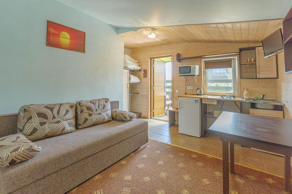 Kitchen or kitchenette, Living room, Seating area, Dining area, stove