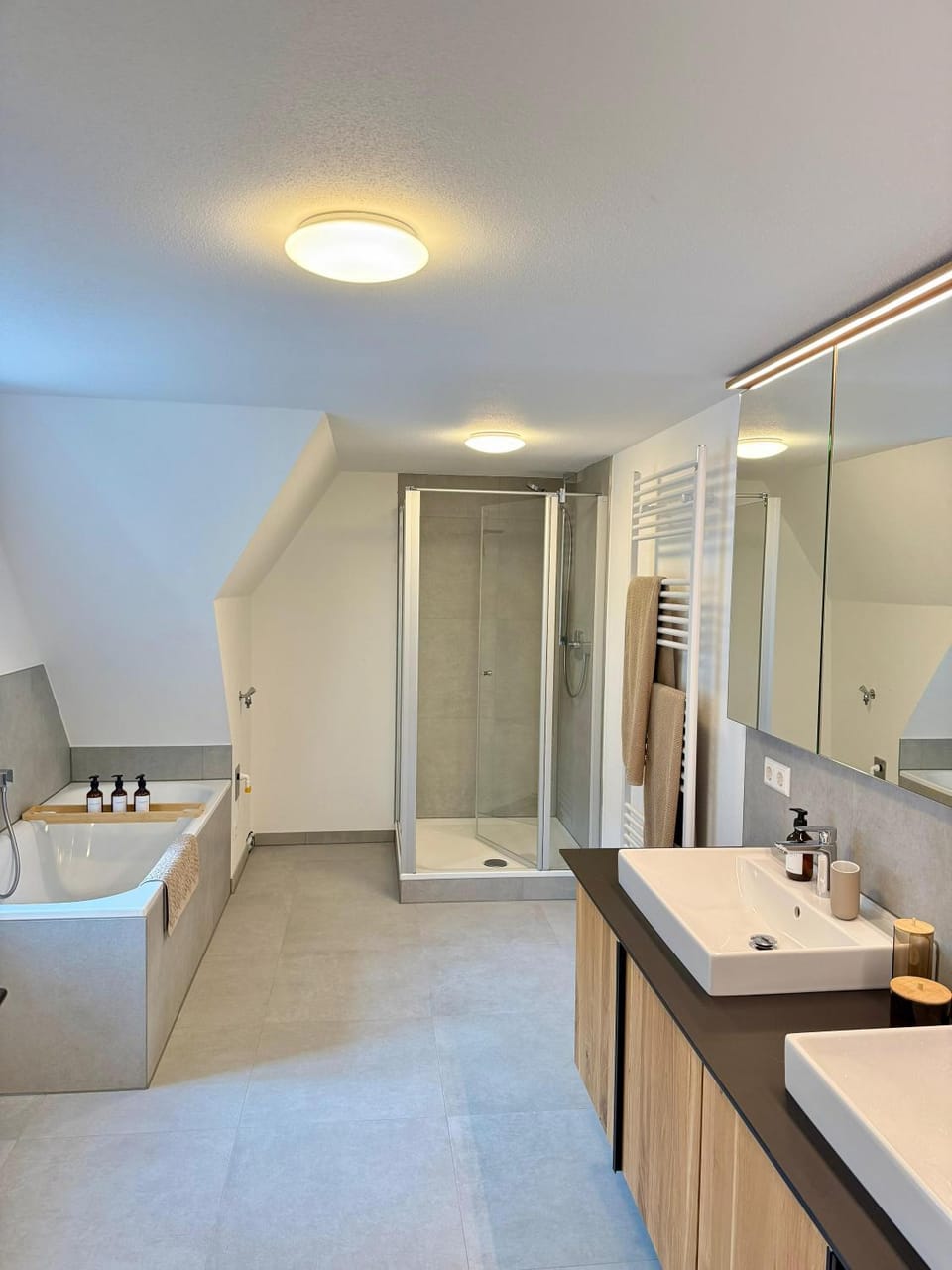Shower, Bathroom, Photo of the whole room, Bath, hair dryier, towels, washing machine