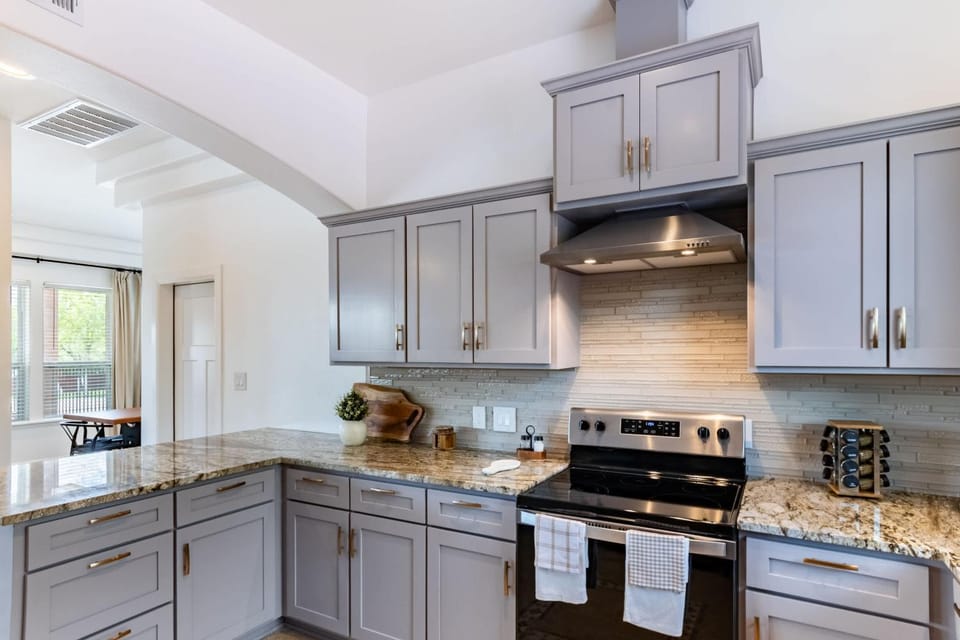 Kitchen or kitchenette, stove