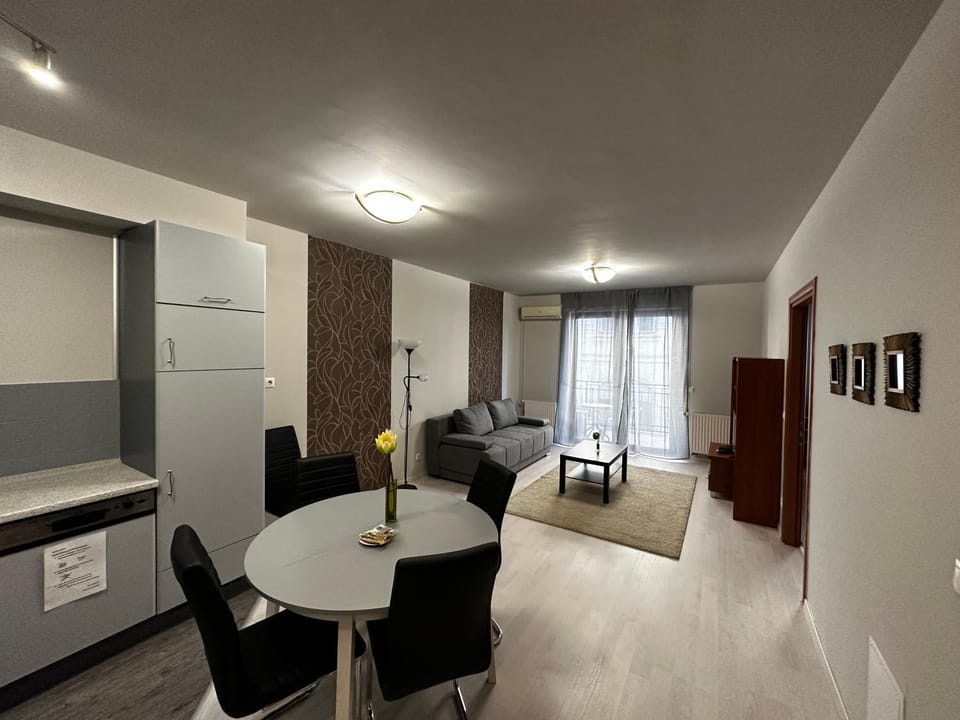 Kitchen or kitchenette, Living room, Seating area, Dining area