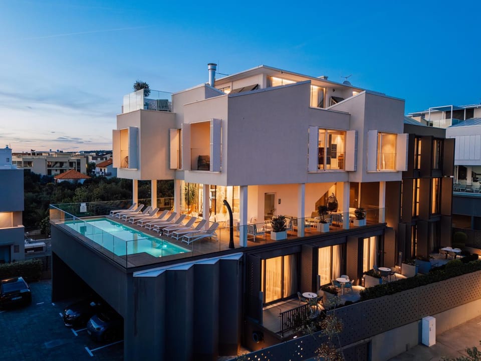 Property building, Night, Balcony/Terrace, Pool view, Swimming pool