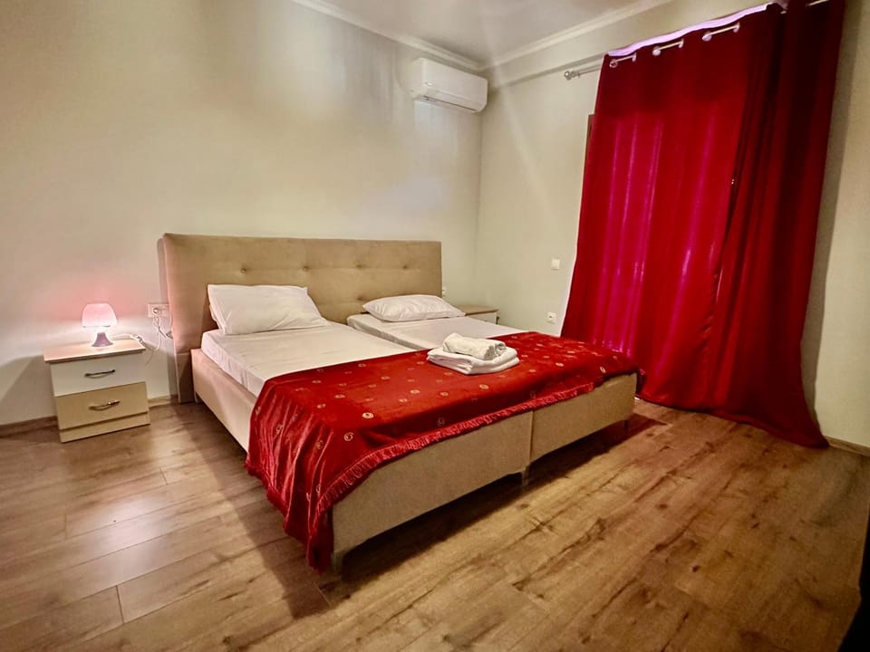 Bed, Photo of the whole room, Bedroom, towels, air conditioner
