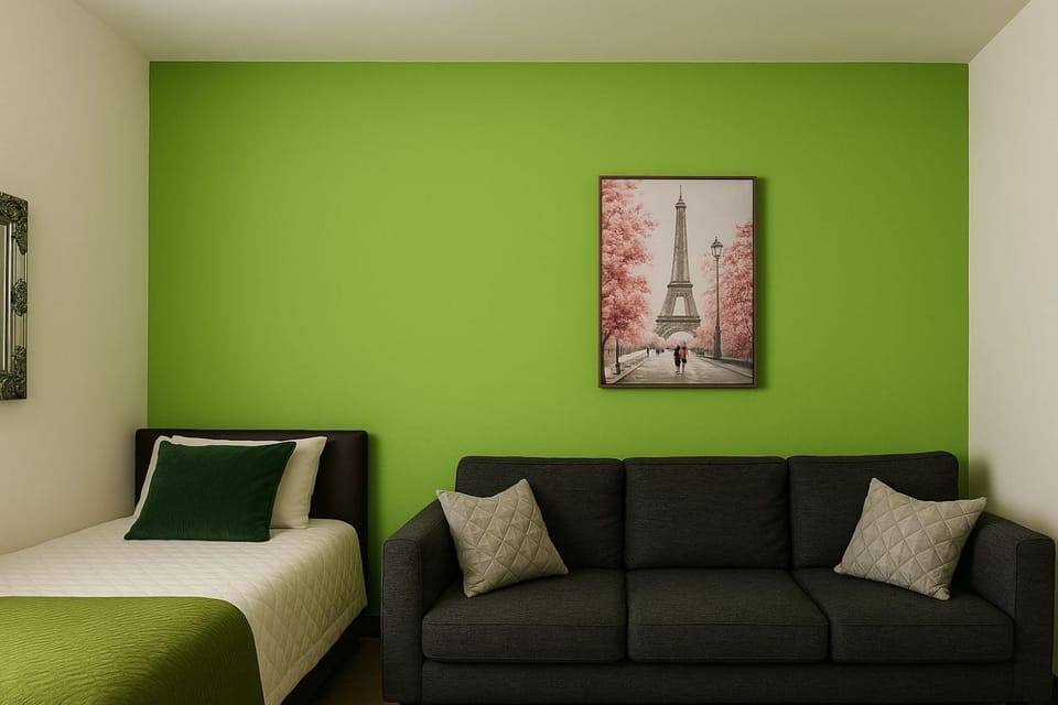 Bed, Living room, Seating area