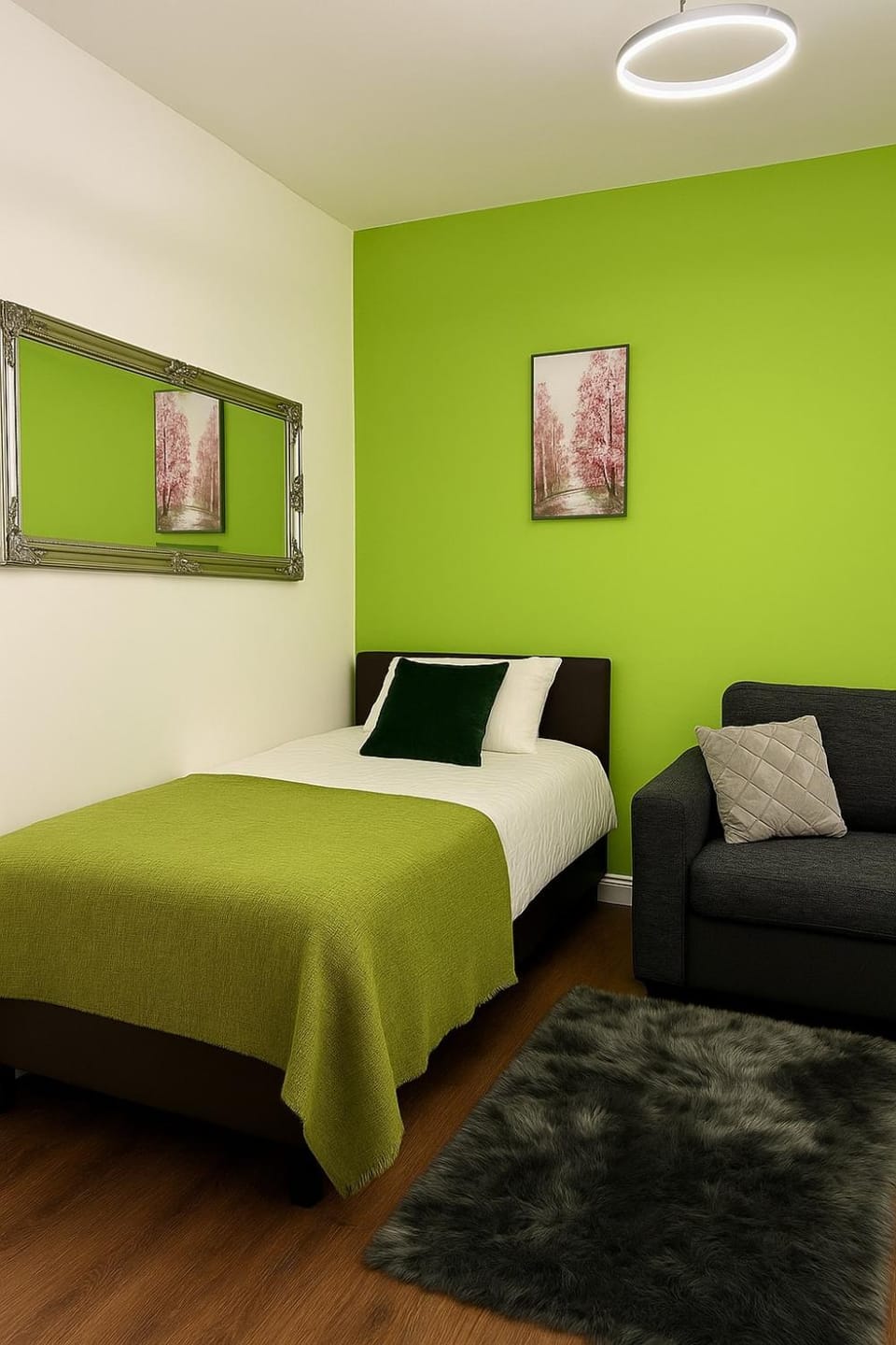 Bed, Living room, Seating area, Bedroom
