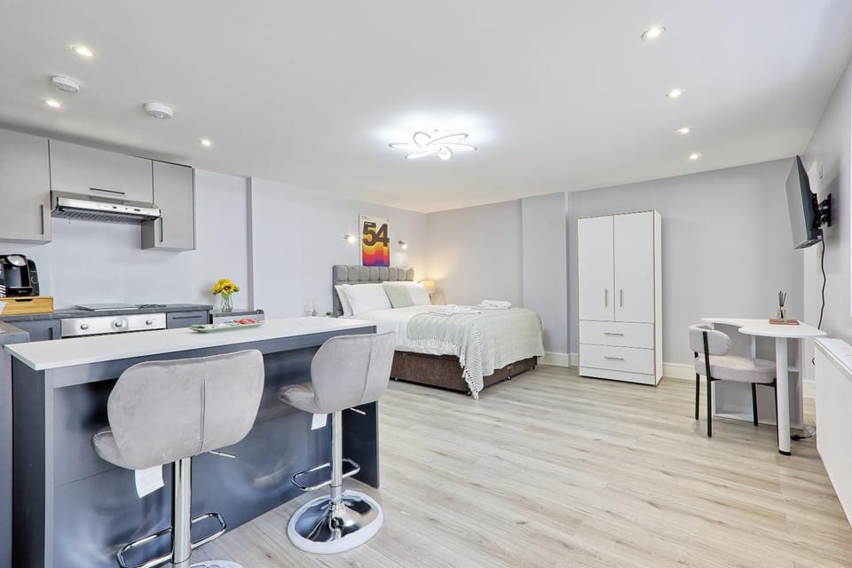 Bed, TV and multimedia, Kitchen or kitchenette, Living room, Photo of the whole room, Seating area, Dining area, Bedroom, oven