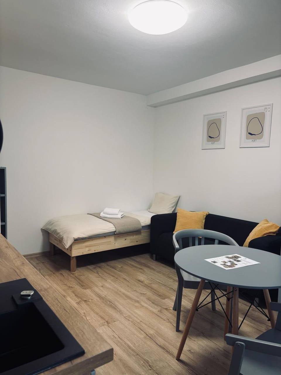Bed, Living room, Seating area, kitchen