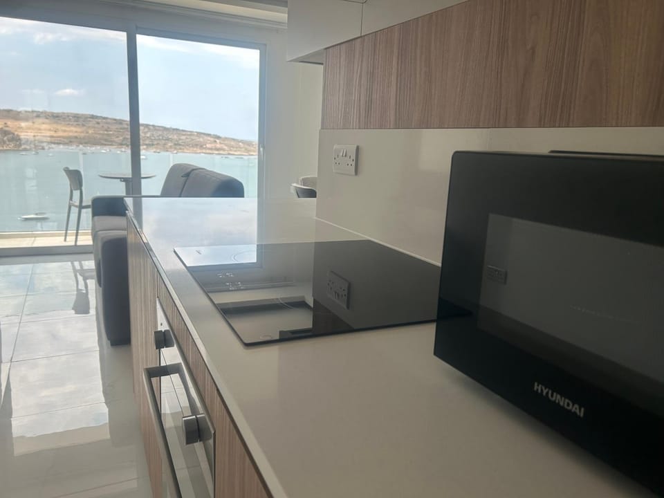 Sea view, microwave, oven, stove, kitchen