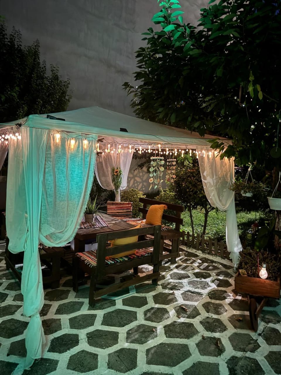 Patio, Night, Garden, Dining area