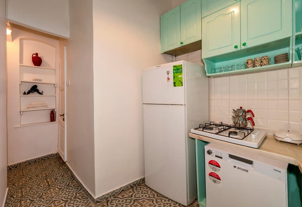 Kitchen or kitchenette, dishwasher, stove