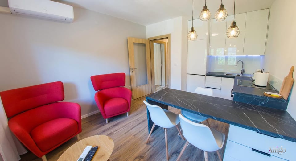 Kitchen or kitchenette, Living room, Seating area, Dining area, air conditioner